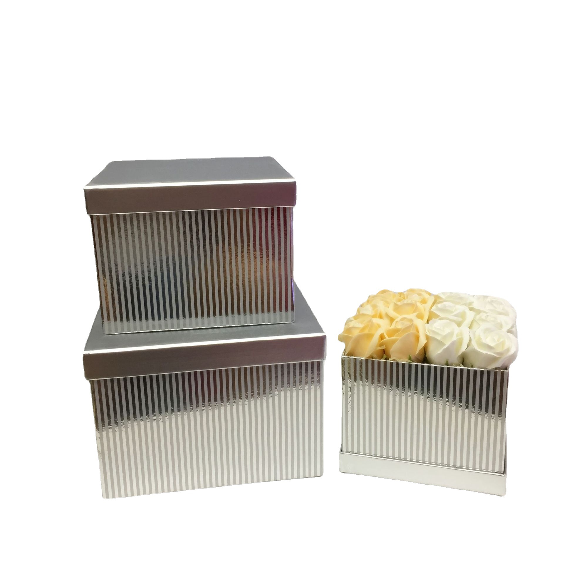 合心意 现货金色银色竖纹正方形花盒三件套 鲜花礼品盒包装盒