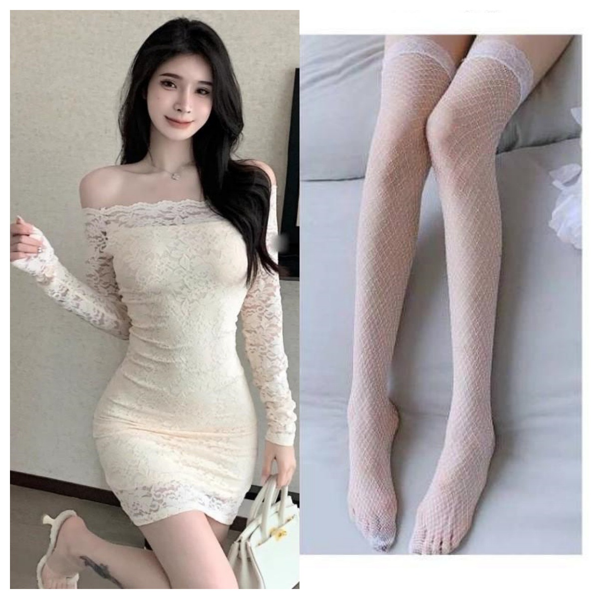 흰색 드레스 + 흰색 망사 스타킹