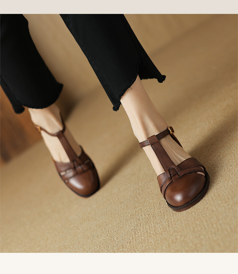 Sandal nữ quai ngang gót vuông mũi tròn bít kiểu dệt vintage — màu nâu chi tiết 8