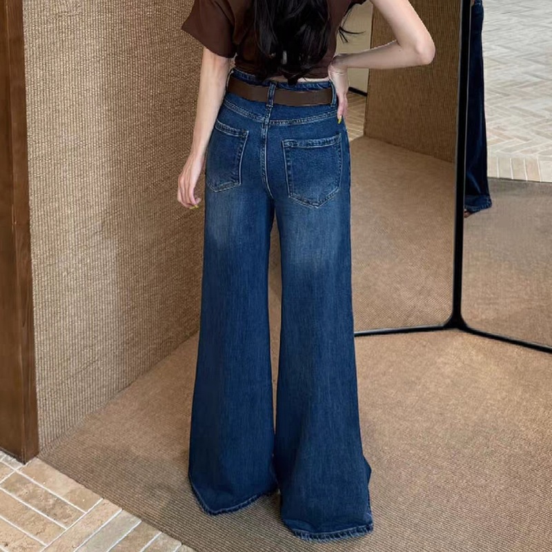 复古蓝色不贴腿微喇牛仔裤女春秋2025新款宽松显瘦高腰拖地阔腿裤|undefined