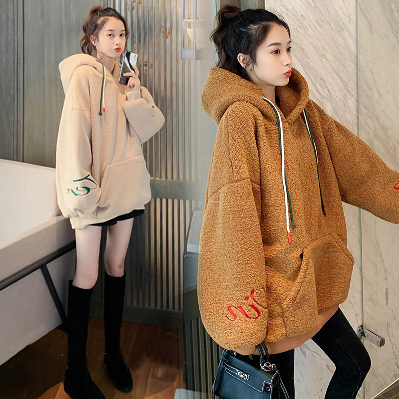 跨境仿羊羔毛连帽卫衣女2024冬季新款加绒加厚慵懒风BF长袖上衣潮