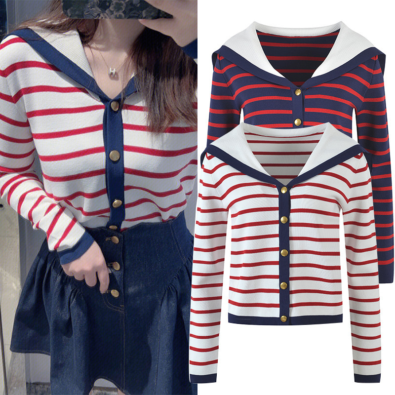 2025 Autumn New College Navy Collar Striped Sweater Color Block Long Sleeve Sweater Top for Women