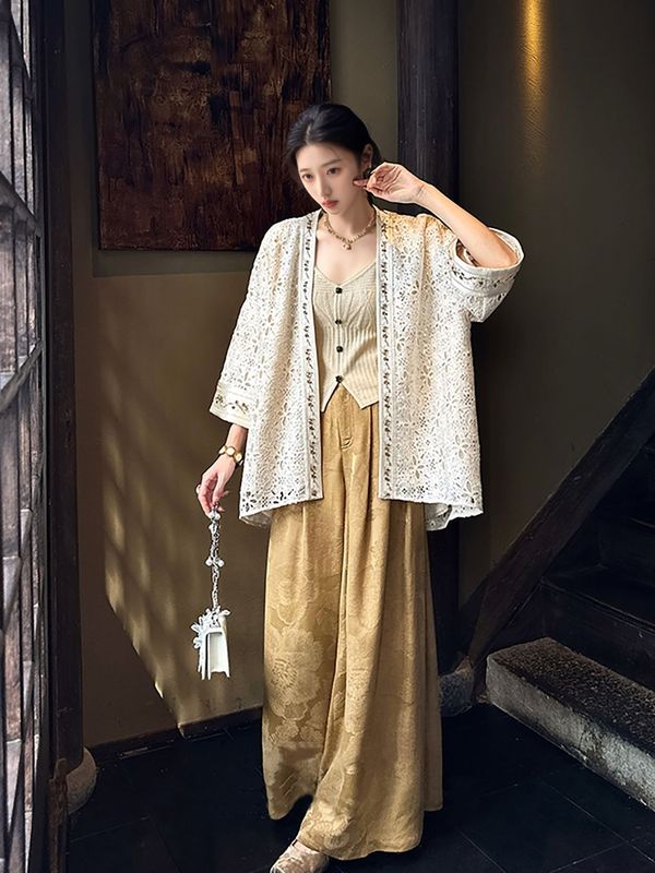 新中式国风女装人丝提花阔腿长裤秋季织金设计缎面垂垂裤子 N8046|undefined