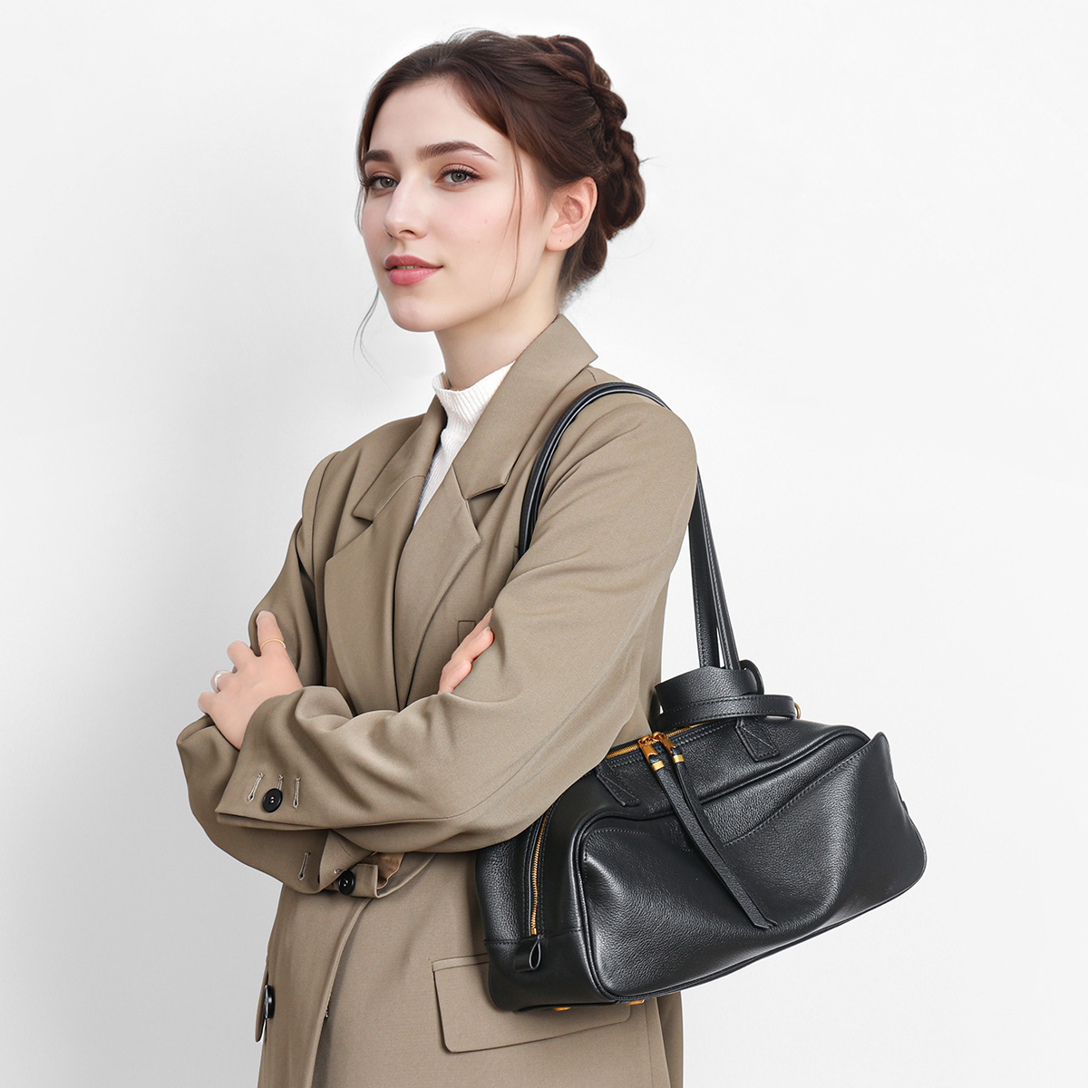 Korean Niche Hot-Selling Bowling Bag New Commuter Large Capacity Boston Genuine Leather Handbag Shoulder Bag For Women - Thumbnail 7