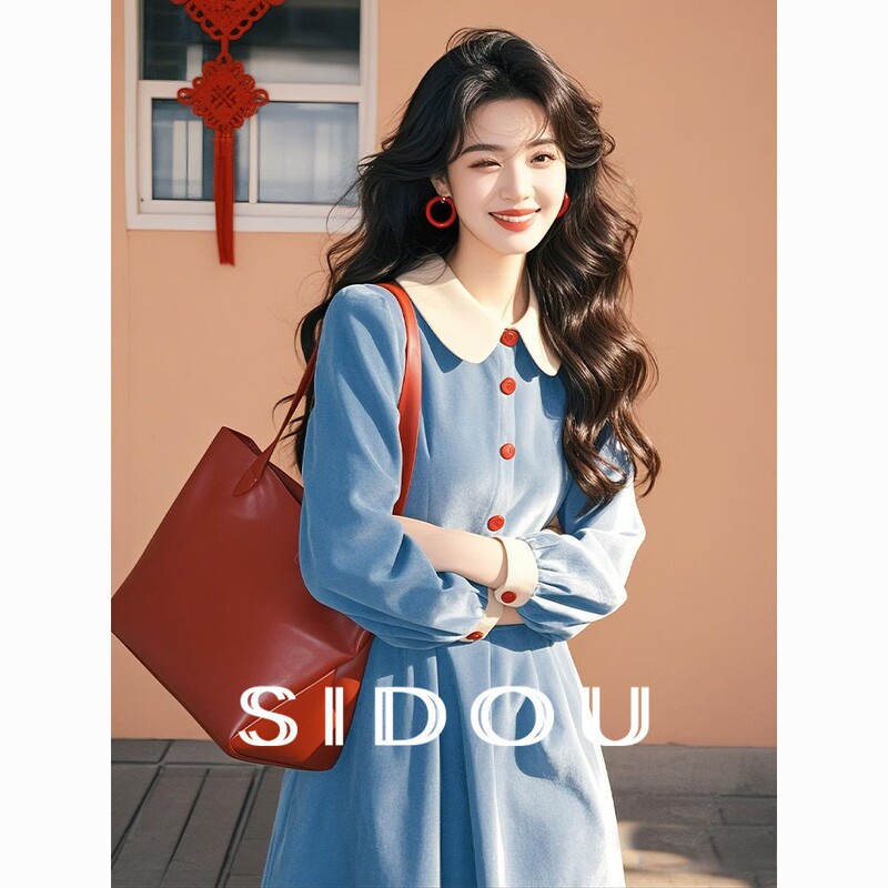 Rich Daughter's High-End Outfit for Small People, French Style, Super Nice, Slim and Fashionable Blue V Neck Dress, Spring Style