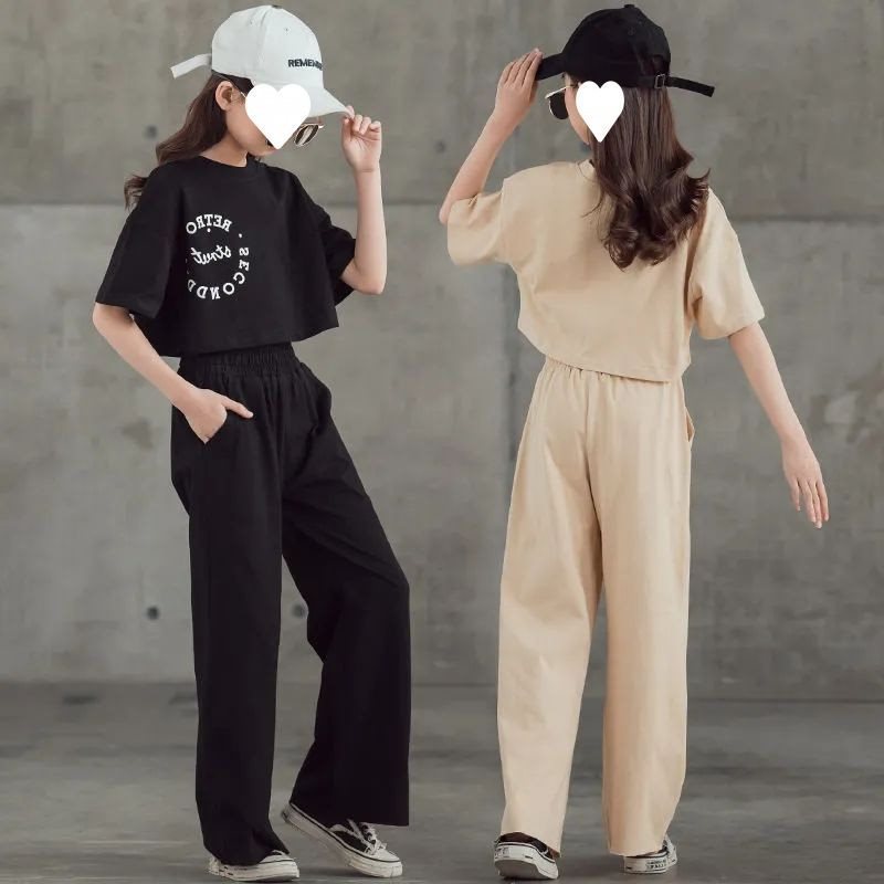 女の子スーツ 2025 夏新スタイル中大型子供ファッショナブルな子供の半袖トップワイドレッグパンツ 2 点セット|undefined