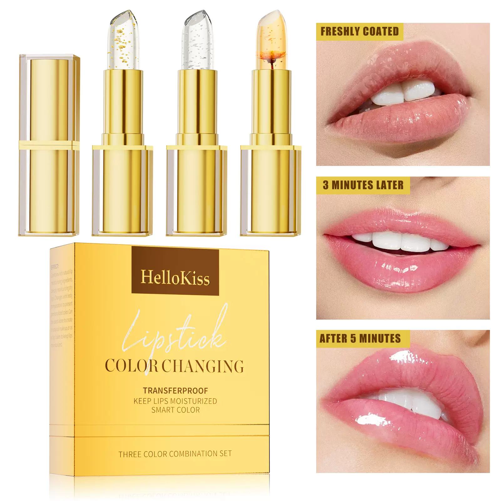 HelloKiss跨境自然温变三支装金箔口红套装 保湿滋润鲜花变色唇膏