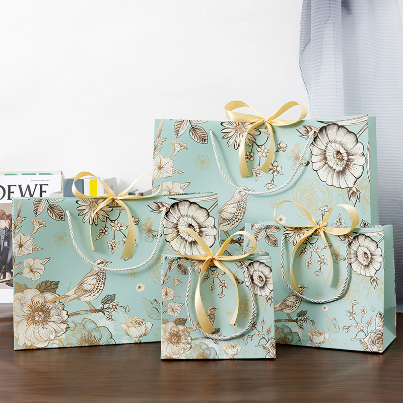 国潮风复古花鸟礼品袋礼物包装袋服装手提袋饰品纸袋子配送丝带