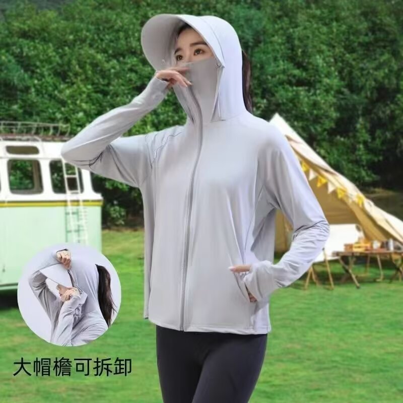 Summer New Sunscreen Clothing Women's Anti-UV Outdoor Cycling Sunscreen Clothing Ice Silk Breathable Jacket Large Hat Brim Removable