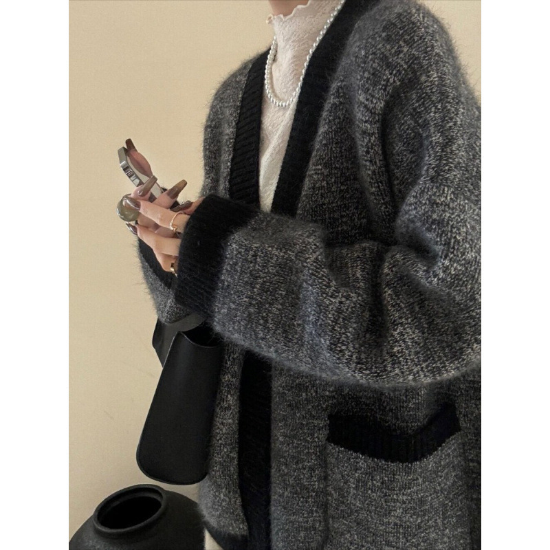 Kaning Old Money Style Dark Gray V-Neck Knitted Cardigan 2026 Autumn and Winter Lazy High-End Loose Sweater Jacket