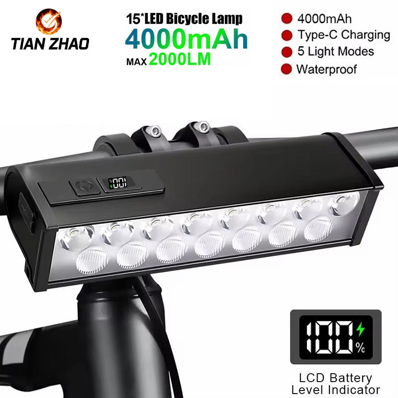 15Led Bicycle Light USB Rechargeable Aluminum Alloy Headlight 2000 Lumens High Brightness Night Cycling Outdoor Cycling Light Equipment