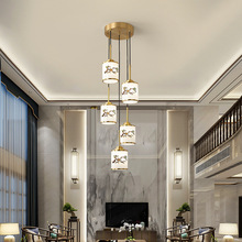 新中式全铜楼梯间吊灯别墅装饰禅意LED吊灯餐厅灯复式楼复古铜灯