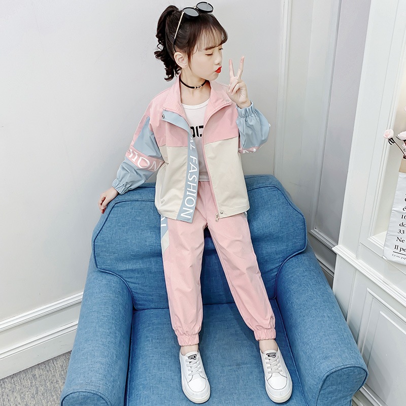 Girls' Autumn Outfit 2026 New Style Children's Color-Block Workwear Jacket and Casual Pants Spring-Autumn Set for Older Kids Trendy