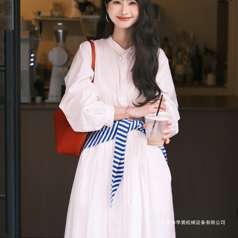 法式白色长袖衬衫连衣裙子女2025新款早秋气质感宽松显瘦长裙扎染|undefined