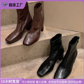 2025冬季新款瘦瘦靴复古短筒女士后拉链方头靴子女百搭女款短靴