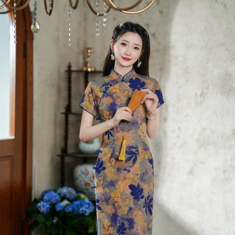 Old Shanghai Long Cheongsam Dress Chinese Style 2025 New Summer Retro Slimming New Chinese Style Catwalk Performance Women