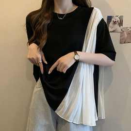 大码百褶雪纺拼接短袖T恤女夏季新款胖MM遮肉宽松显瘦别致上衣服