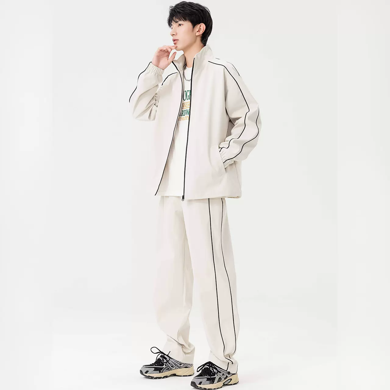 套装男春秋季新款纯色时尚潮流休闲百搭夹克立领外套休闲运动套装