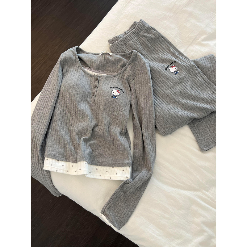韩版撞色假两件带胸垫坑条长袖睡衣女春秋款HelloKitty家居服套装|undefined