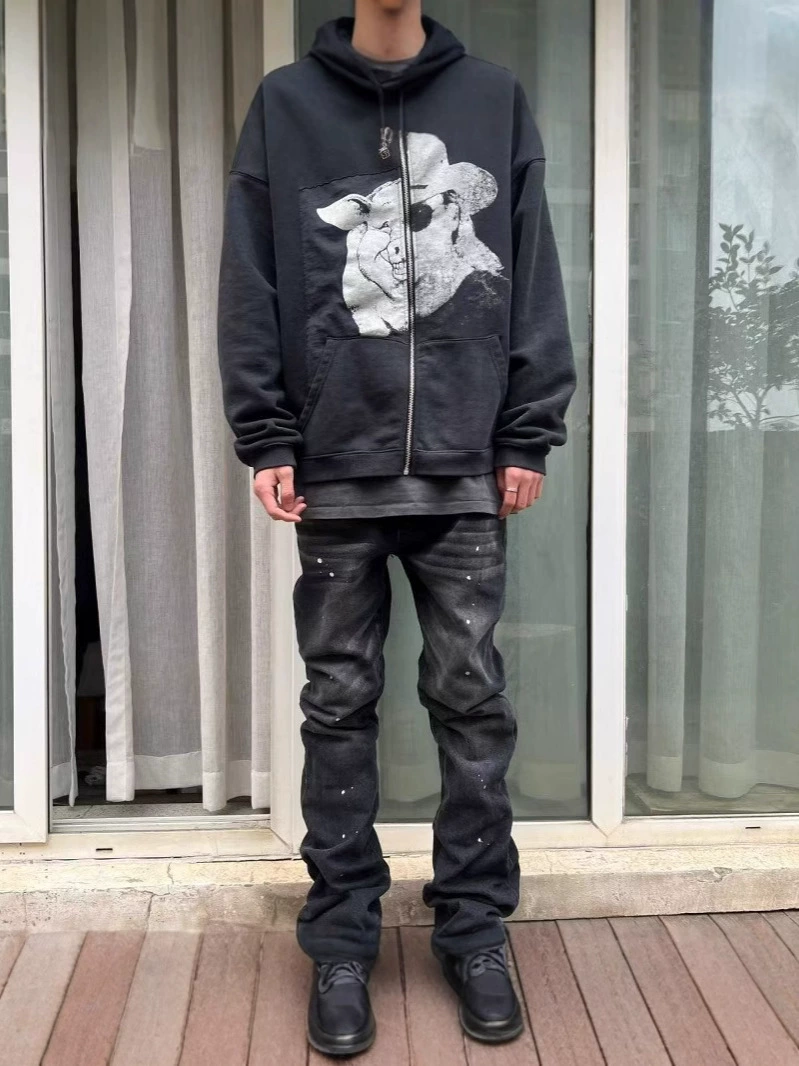 Джинсы bootcut FAR ARCHIVE, винтажная стирка и брызги краски, мужские, чёрные