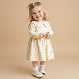 女童连衣裙秋季洋气女宝宝公主裙时尚长袖碎花翻领春秋季裙子新款
