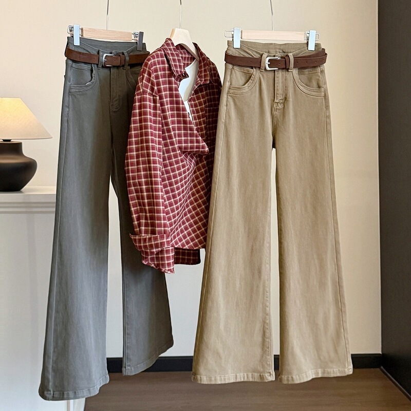 Slim-fit straight-leg flared jeans for women, new autumn Korean style, elastic high-waisted, slimming and drapey bell-bottom pants