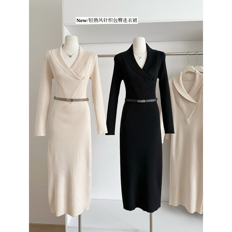 Schnei V Neck Knitted Hip-Hugging Dress Autumn and Winter New French Petty Bourgeoisie Elegant Long-Sleeved Sweater Dress Slim Long Skirt