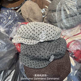 日系甜美波点音符贝雷帽女夏气质复古八角帽大头围显脸小画家帽潮