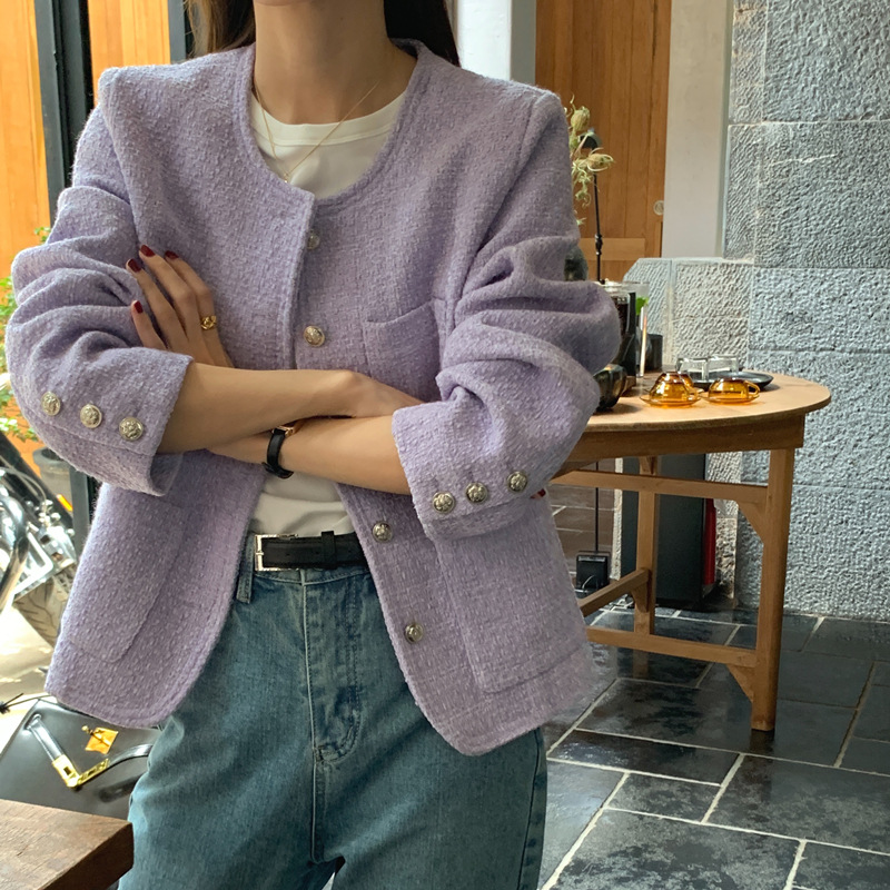 Real shot romantic lavender purple retro temperament small fragrance single-breasted short coat tweed suit women's clothing