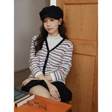 【英伦条纹】歌铭复古拼接撞色条纹V领针织开衫女装秋季上衣W604C