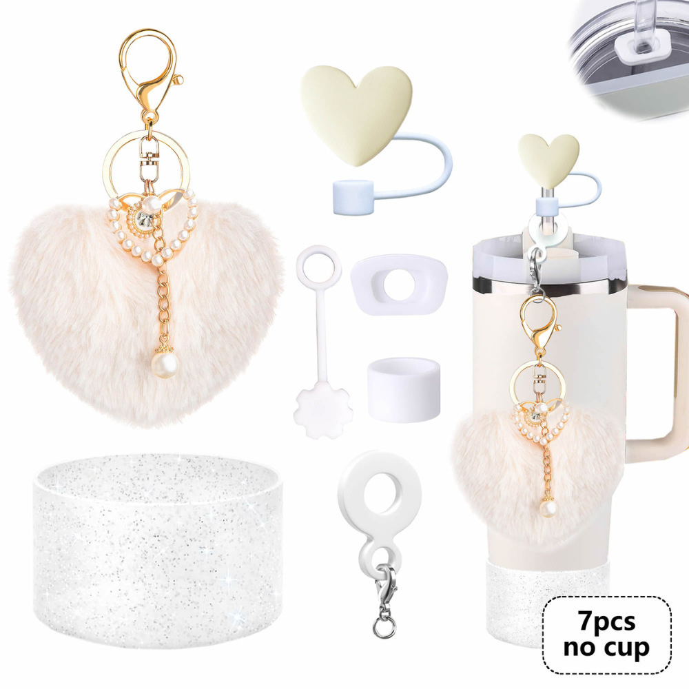 7pcs taza Stanley cuerda de mano colgante de silicona flor tapa de pajita bola de felpa colgante de copa cadena de taza de color
