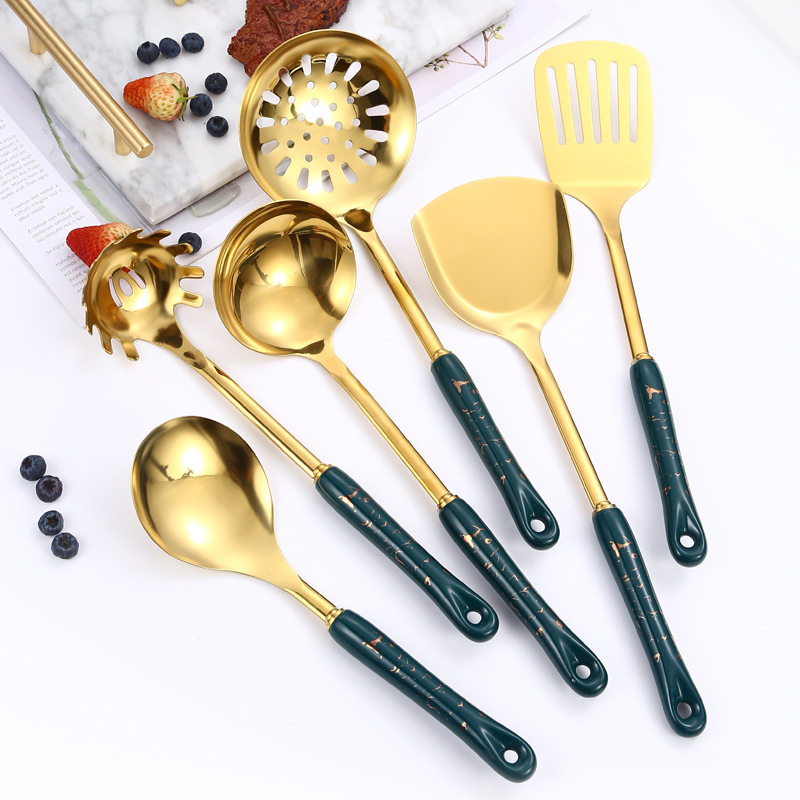 Nordic Light lujo utensilios de cocina traje de cerámica cocina pala cuchara 7-pieza de acero inoxidable espátula cuchara de arroz fugas caja de regalo traje