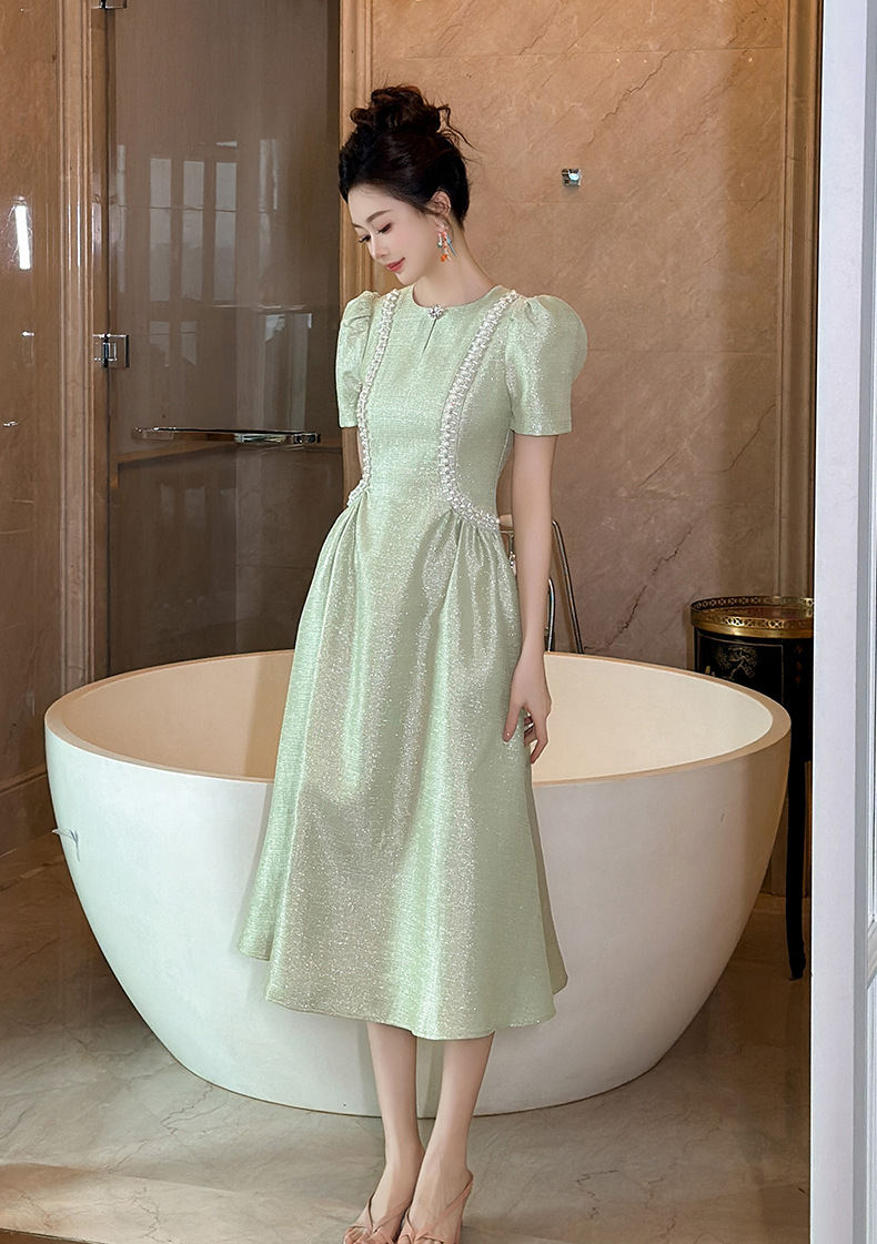 Đầm maxi nữ cổ tròn đính đá thắt eo xòe dáng dài — Xanh bạc hà chi tiết 6