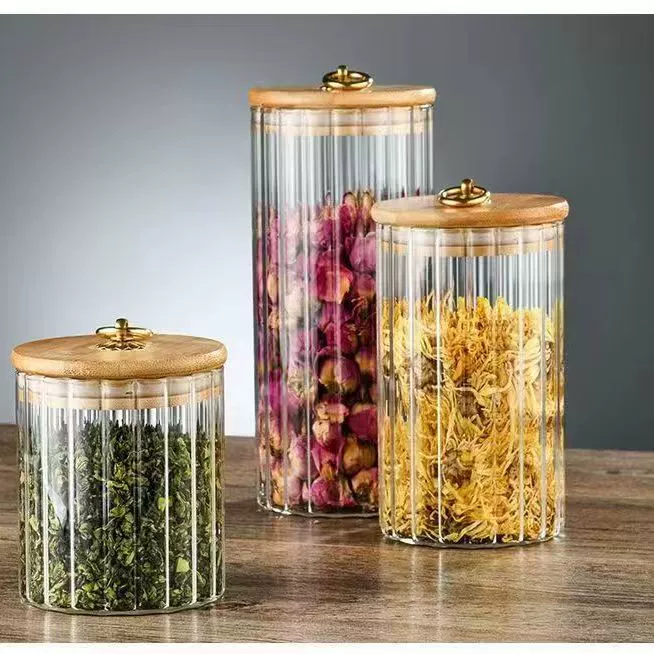 Производитель прозрачных стеклянных банок с медными кольцами для открывания, с бамбуковой крышкой, для хранения чая, закусок и круп, герметичная банка для хранения продуктов.