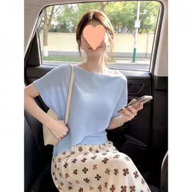 蓝色假两件防晒针织衫女夏季2026新款薄款不规则斗篷披肩气质上衣