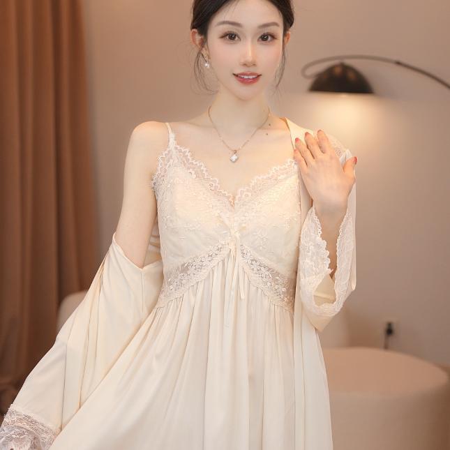 Tiktok Hot-Selling Sexy Sleepwear for Women, Summer 2026 New Style, Ice Silk Lace Pure Desire Camisole with Chest Pads, Nightgown Robe Set