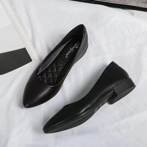 Women's New Black Summer Professional Work Shoes with Pointed Toe, Thick Heel, Leather Shoes, Soft Leather, Soft Sole, Single Shoe