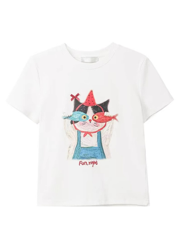 夏の新しいニッチな楽しい漫画の子猫プリント半袖 Tシャツ女性の甘くてかわいい年齢を軽減する多用途トップ Tシャツ|undefined