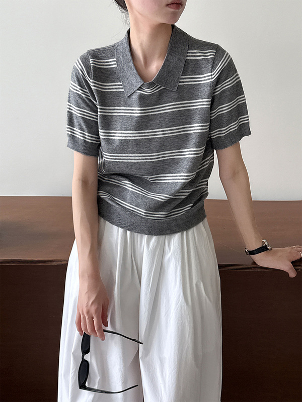 Lushi 韓国ストライプラペルセータートップ女性のための秋の新コントラストカラーカジュアル通勤半袖 Tss746|undefined