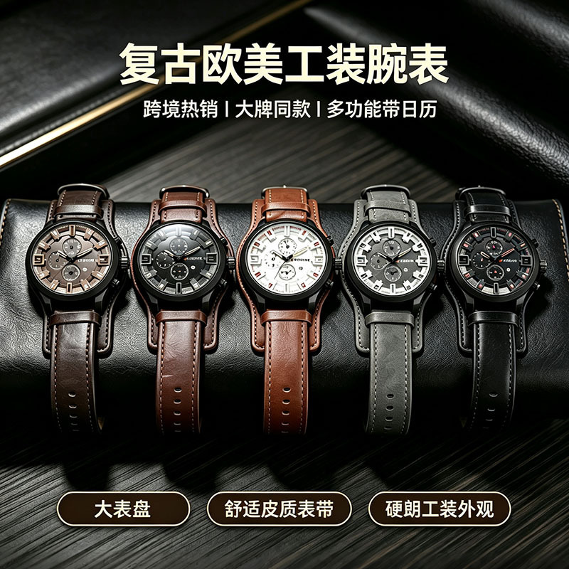 New cross-border vintage three-eye calendar quartz watch with large dial and wide leather strap, fashionable trendy men's wristwatch