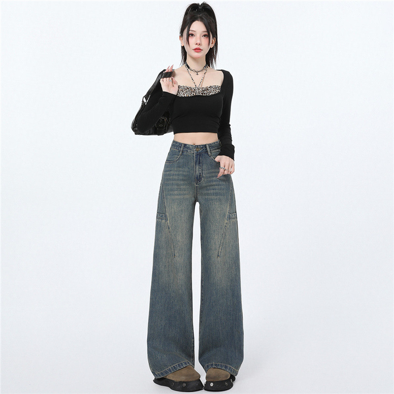 浅蓝色窄版阔腿牛仔裤女春秋2025新款高腰垂感宽松设计感直筒裤子|undefined