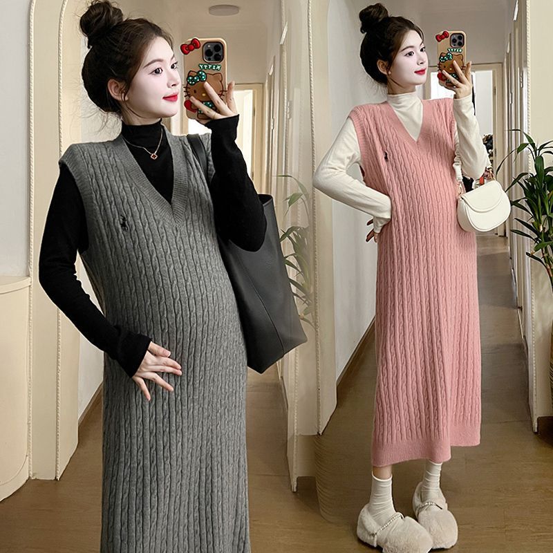 Embroidered Pony Maternity Knitted Suspender Skirt Suit Autumn and Winter Style Spring & Fall New Loose Sweater Dress Trendy