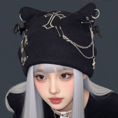 日系亜文化オリジナルパンク猫耳帽クロスチェーン毛糸帽チェーンクールかっこいい帽子