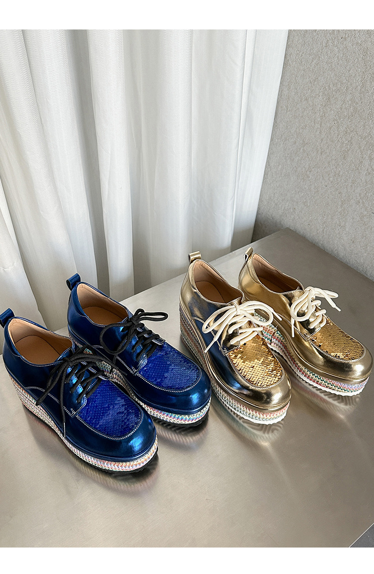 Giày loafer nữ đế xuồng cao gót 9 cm, phối đế cói, dây buộc, phối sequin lấp lánh — màu vàng, xanh lam chi tiết 21