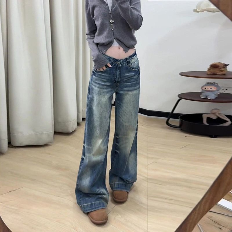 甜酷ins高街阔腿高腰牛仔裤女春秋季新款宽松显瘦时尚直筒牛仔裤