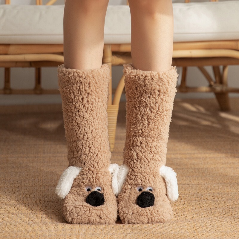 Floor Socks Non-Slip Indoor Snow Socks Fleece-Lined Thickeneded Sleep Coral Velvet Home Slippers Wool Socks for Women and Adults