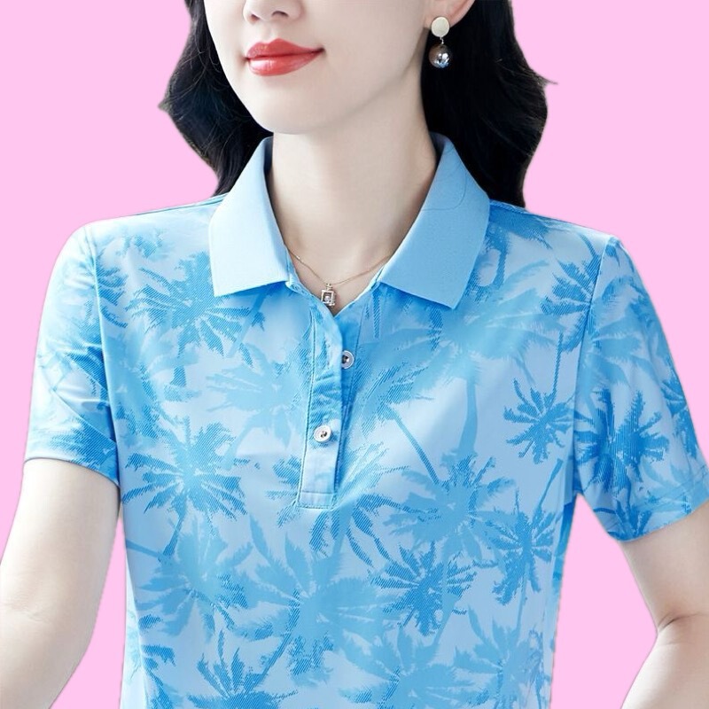 【1034 # M-4Xl/4 Colors】T-Shirt for Middle-Aged Women, Fashionable and Age-Reducing Polo Collar Top with Printed Design 【1034 # M-4Xl/4 Colors】T-Shirt for Middle-Aged Women, Fashionable and Age-Reducing Polo Collar Top with Printed Design