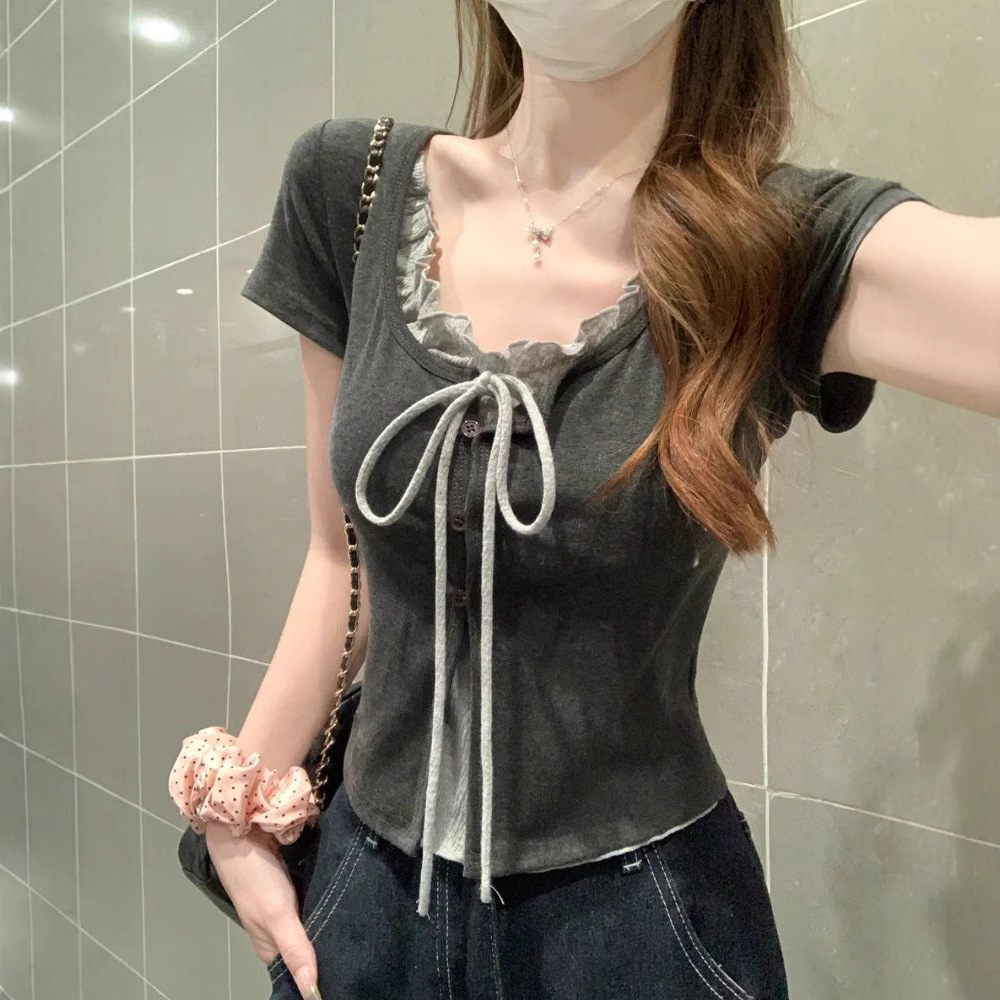 Short Fake Two-Piece Regular Shoulder Short-Sleeve T-Shirt for Women, 2025 Summer New Style, Ruffled Edge, Slim Fit, High-End Feel, Inner Wear Top