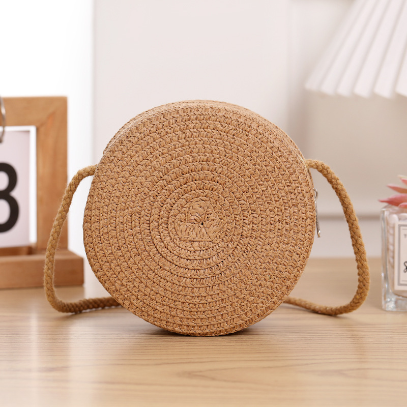 Girl's Straw Color Block Cute Round Square Zipper Shoulder Bag display picture 4