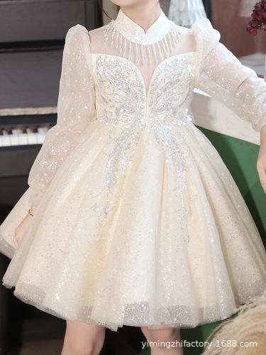 Girls' Dress for Birthday, Spring and Autumn, Long Sleeve, Cross-Border European and American Style, Children's Princess Dress, Long Sleeve, High-End Piano Performance Costume
